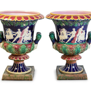 A Pair of Majolica Urns Late 19th Early 35214f