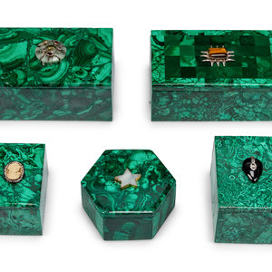 A Group of Five Jeweled Malachite