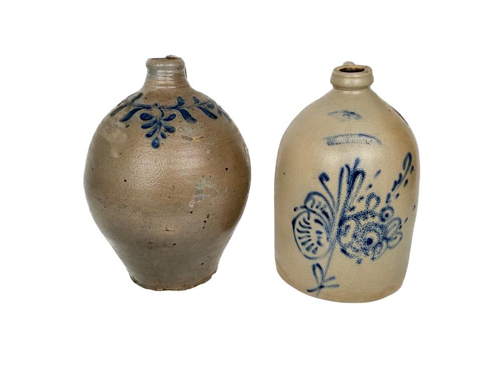 TWO STONEWARE JUGS HEIGHTS 13 5  35283e