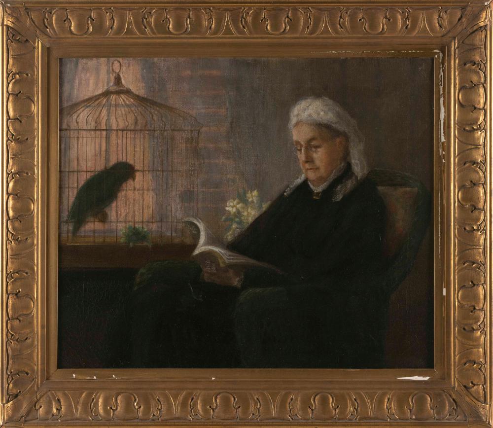 PAINTING OF A WOMAN AND A CAGED 3528b8