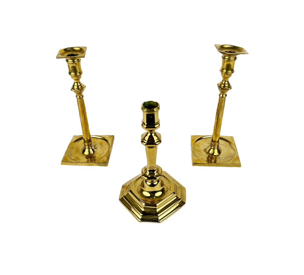 THREE BRASS CANDLESTICKS 18TH CENTURYTHREE 3528d2