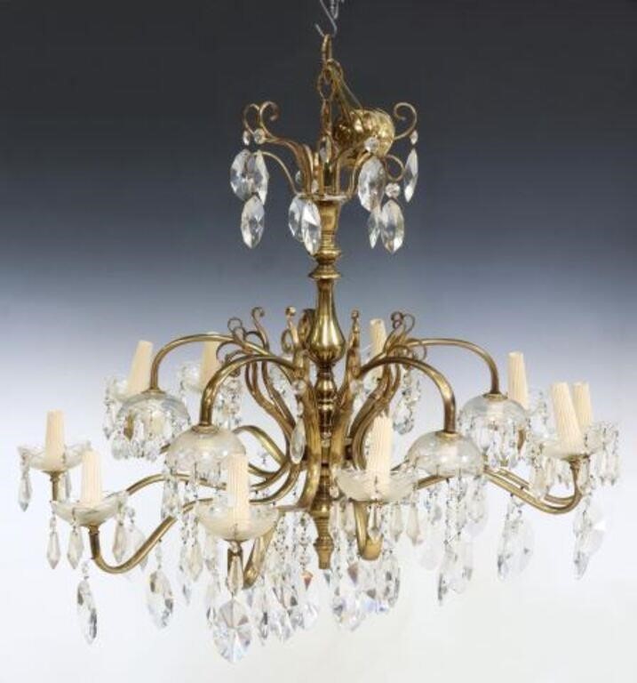 ITALIAN BRASS & CRYSTAL 15-LIGHT CHANDELIERItalian