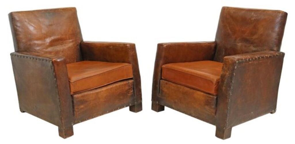 (2) FRENCH ART DECO BROWN LEATHER
