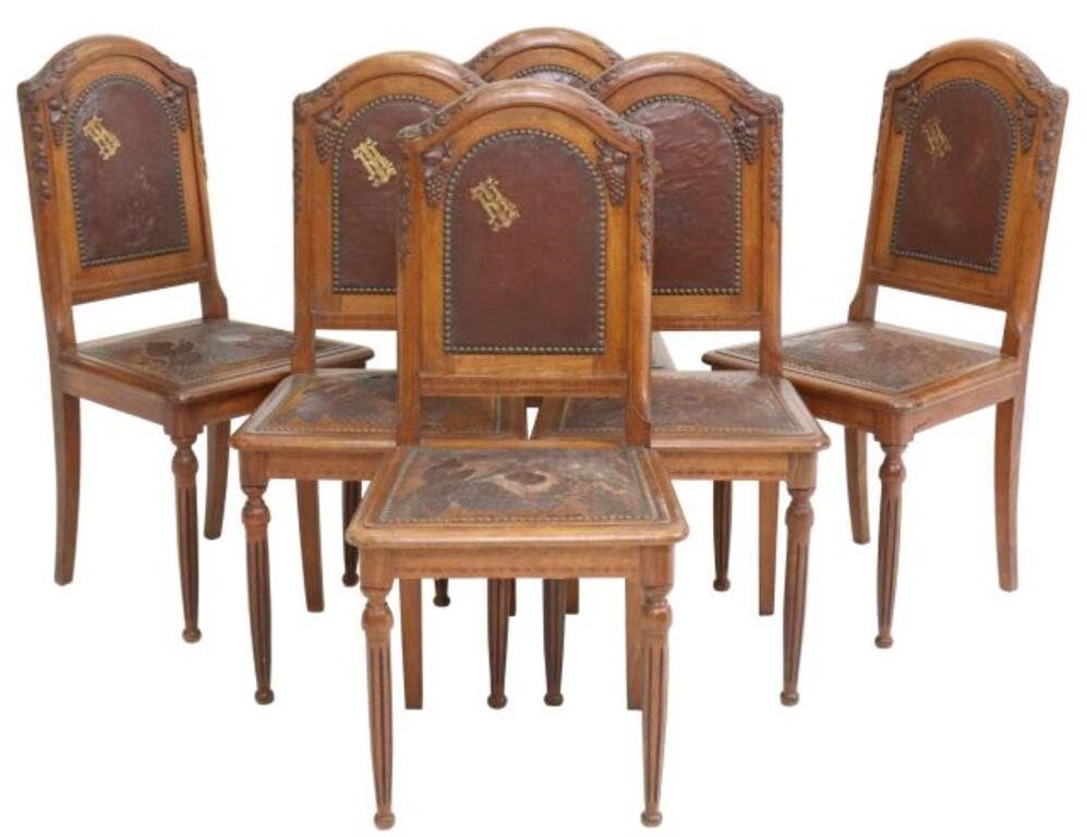 6 ART NOUVEAU CARVED OAK LEATHER 355241