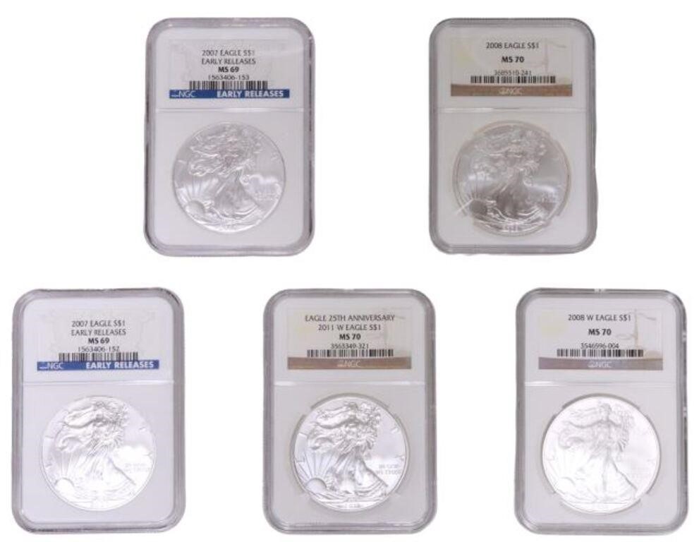  5 US SILVER EAGLE 1 COINS NGC 3552ae