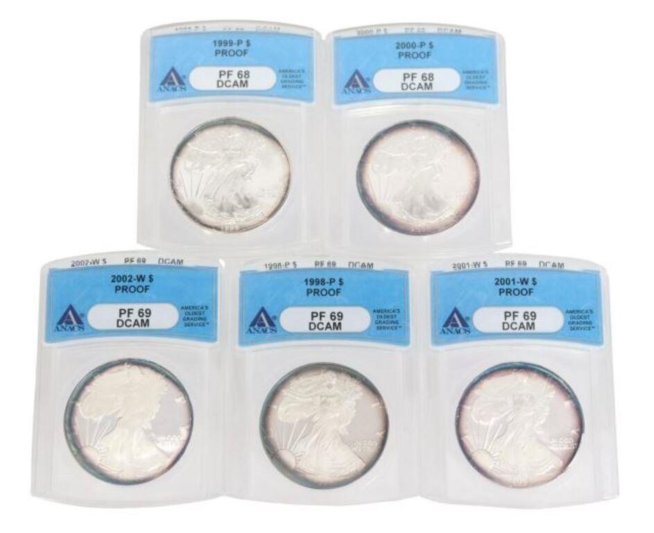  5 SILVER EAGLES ANACS GRADED 3552b2