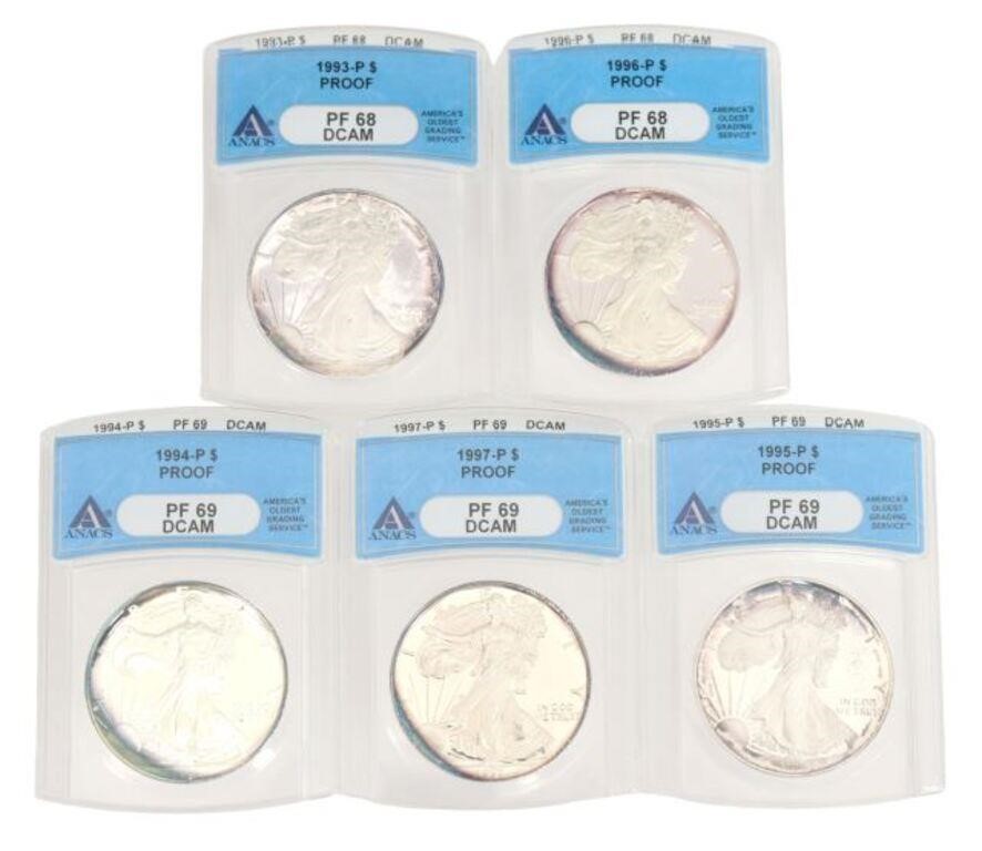 (5) SILVER EAGLES, ANACS GRADED