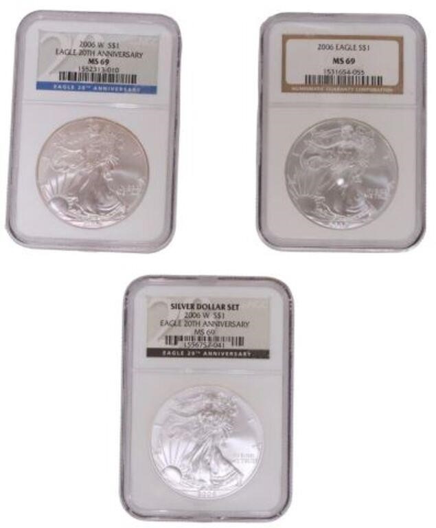  3 US SILVER EAGLE COINS GRADED 3552ab