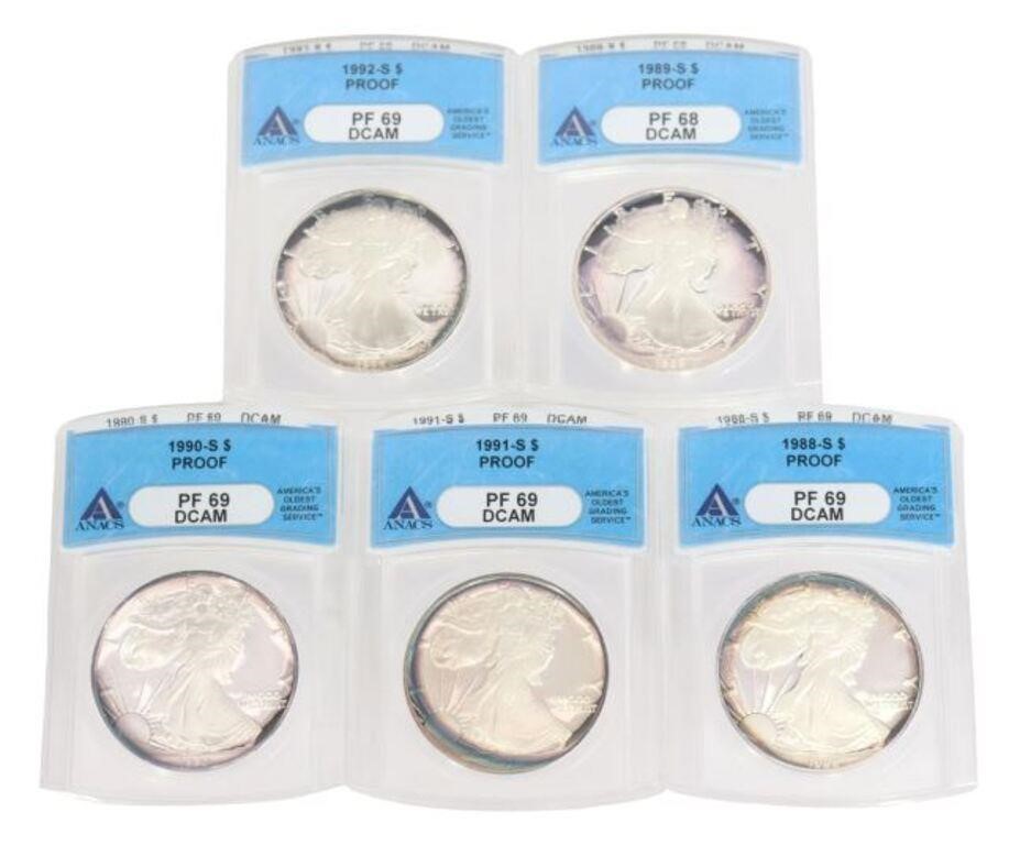  5 SILVER EAGLES ANACS GRADED 3552b4