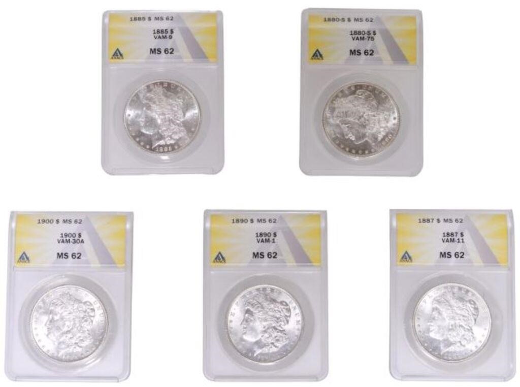  5 US MORGAN SILVER DOLLARS ANACS 3552e4