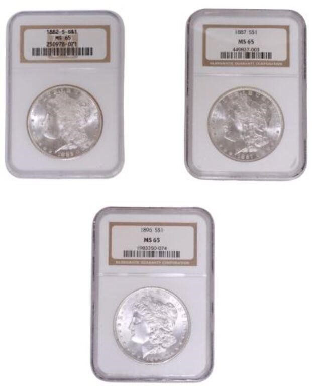  3 US MORGAN SILVER DOLLARS NGC 3552dc