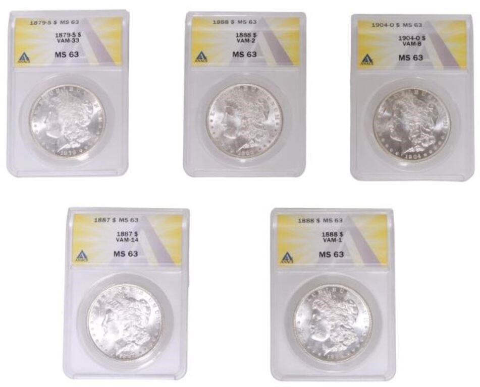 (5) US MORGAN SILVER DOLLARS, ANACS