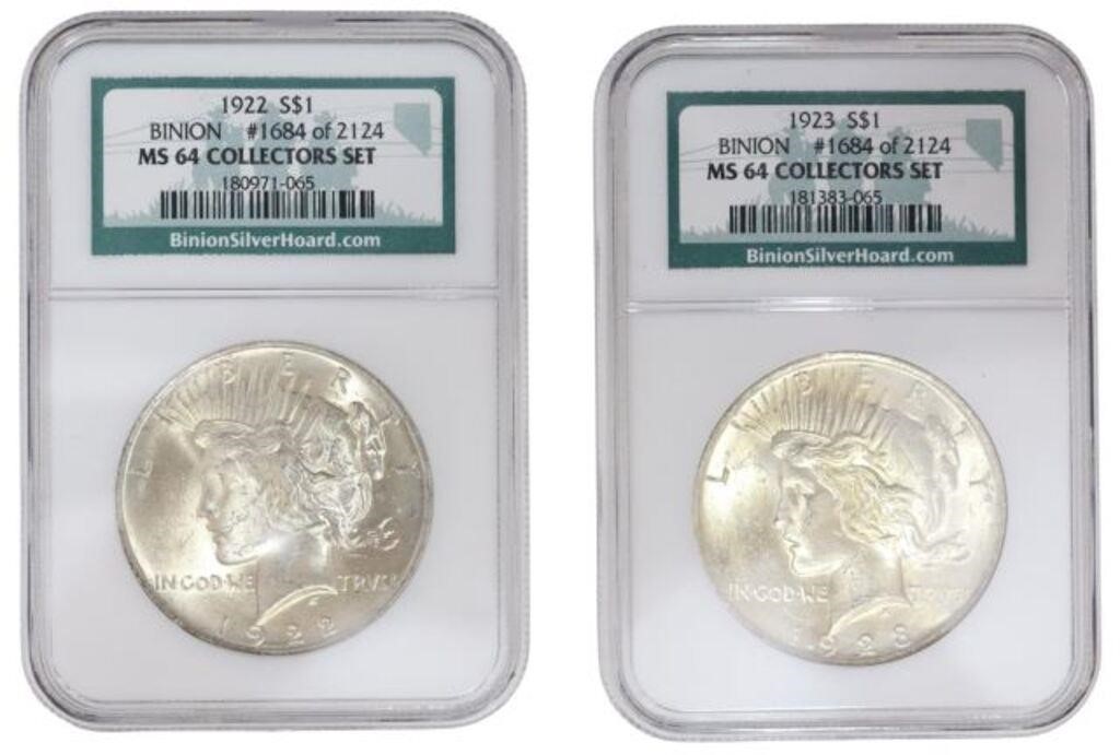 (2) US PEACE DOLLARS, NGC MD-64,