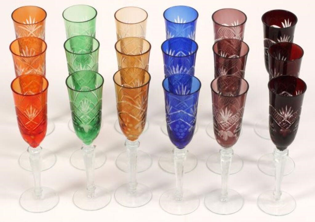 (18) COLORED CUT CRYSTAL CHAMPAGNE FLUTES(lot