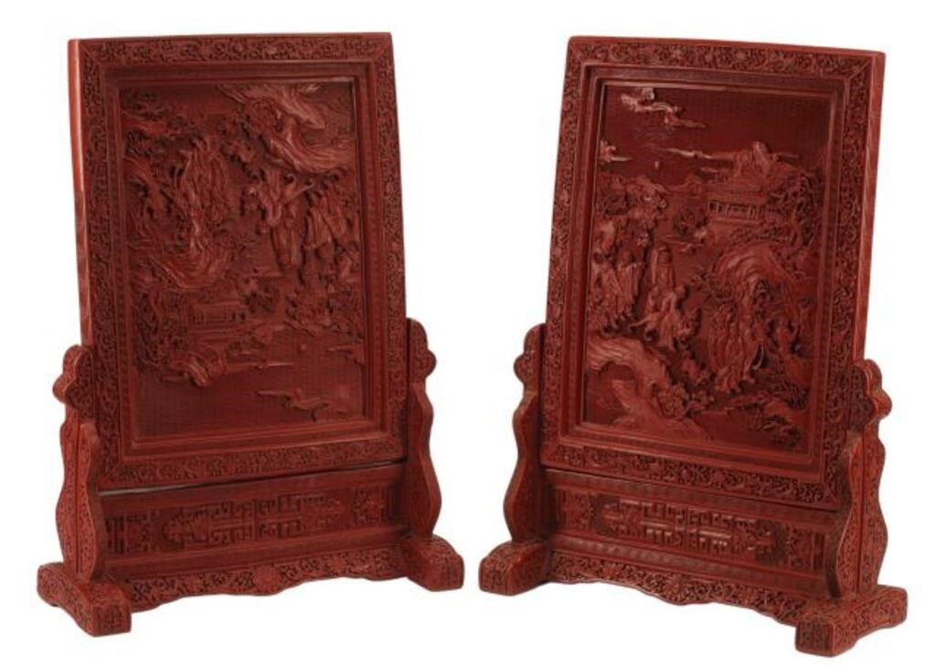 (2) CHINESE RED LACQUER TABLE SCREENS