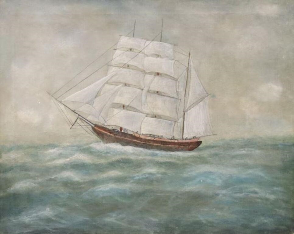 AMERICAN SCHOOL OIL PAINTING SHIP HAZARD