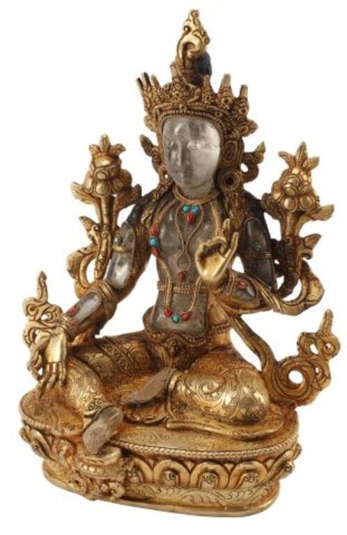 JEWELED BRONZE DORE & ROCK CRYSTAL BUDDHAJeweled