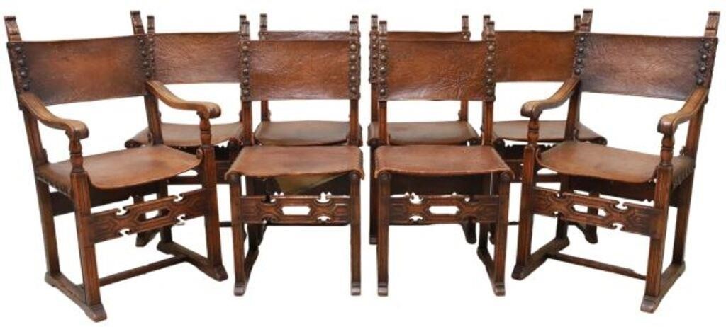  8 SPANISH CARVED OAK LEATHER 3555be
