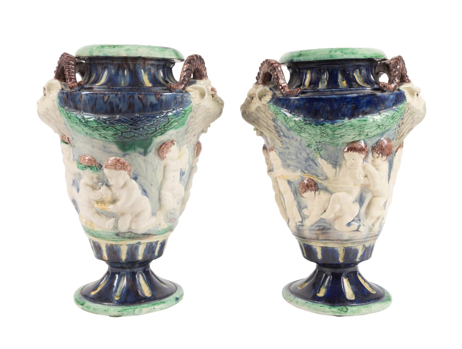 PAIR CONTINENTAL MAJOLICA URNS 3555dc