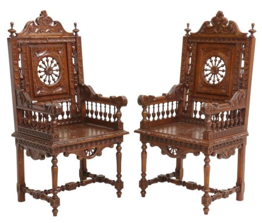 (2) FRENCH BRETON CARVED OAK SPINDLED