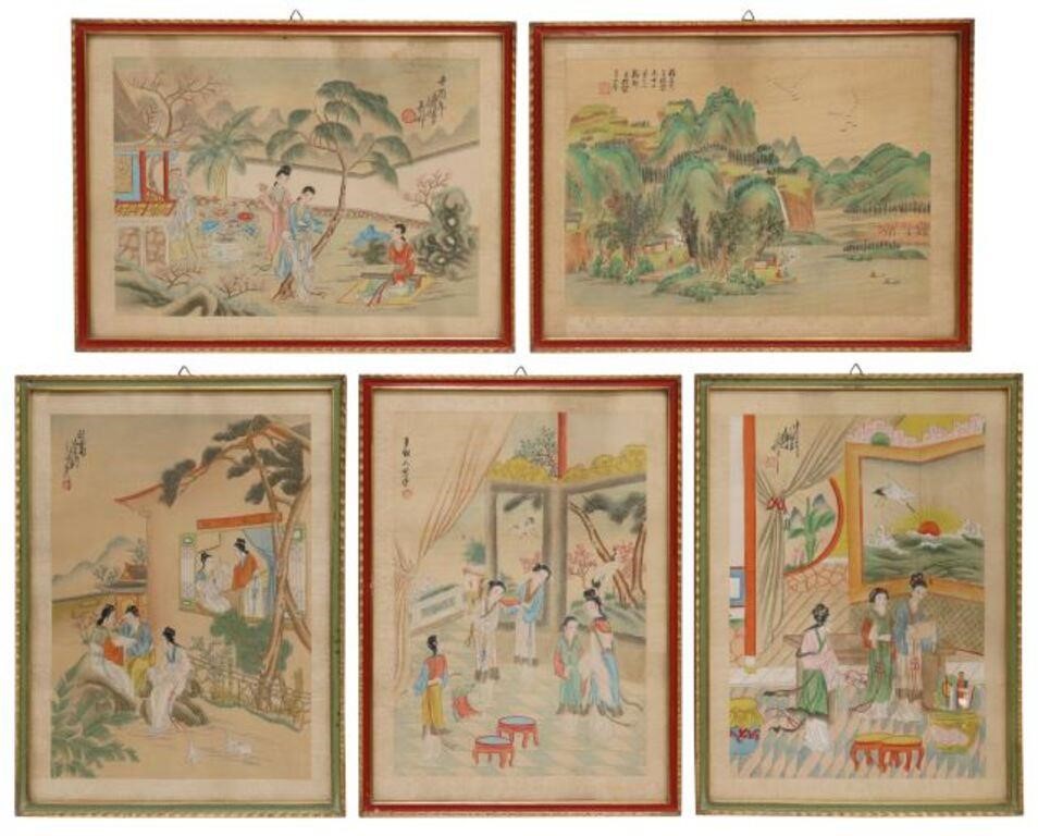(5) FRAMED ASIAN PAINTINGS ON FABRIC(lot