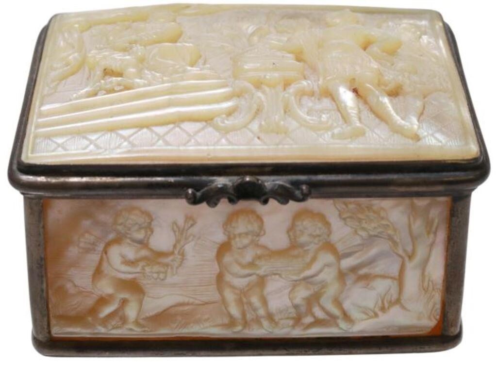 MOTHER-OF-PEARL & SILVER MOUNTED SNUFF