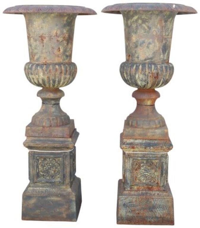  2 CAST IRON CAMPANA FORM URNS 35597c