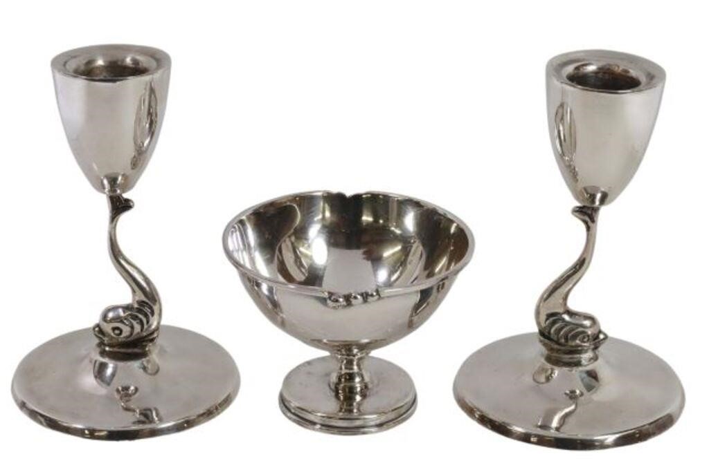 (3) STERLING SILVER CANDLESTICKS & BOWL,