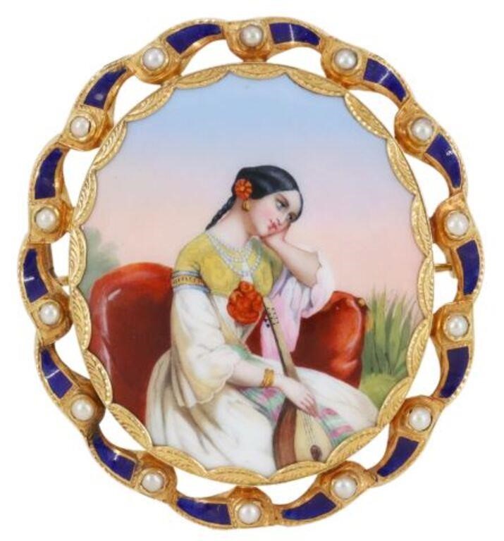 ESTATE 18KT GOLD ENAMEL PORTRAIT 355a1c