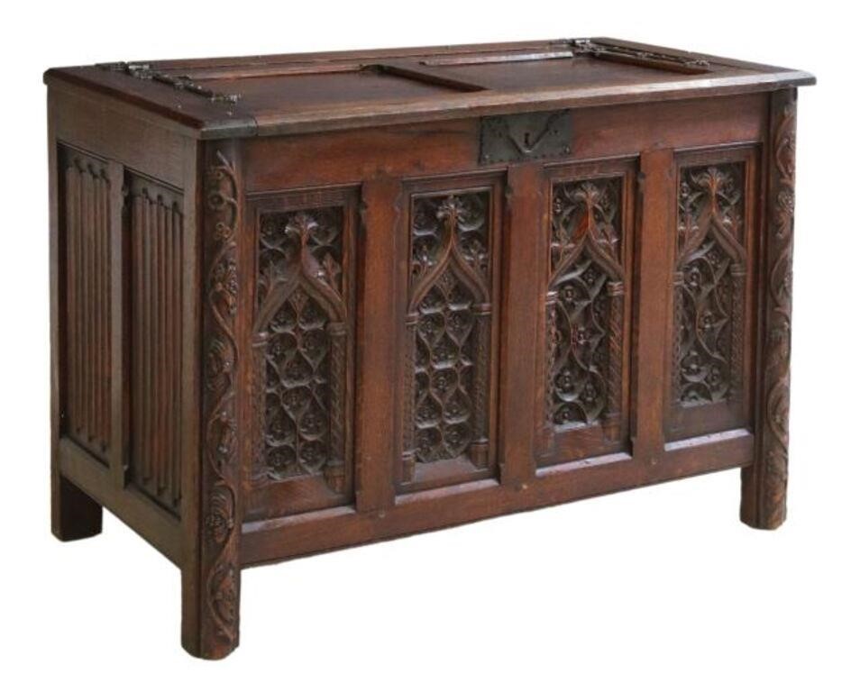 GOTHIC REVIVAL CARVED OAK COFFER  355a61