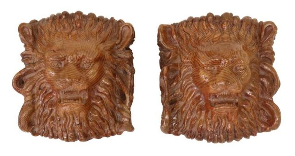 (2) ARCHITECTURAL CARVED PINE LION HEADS,