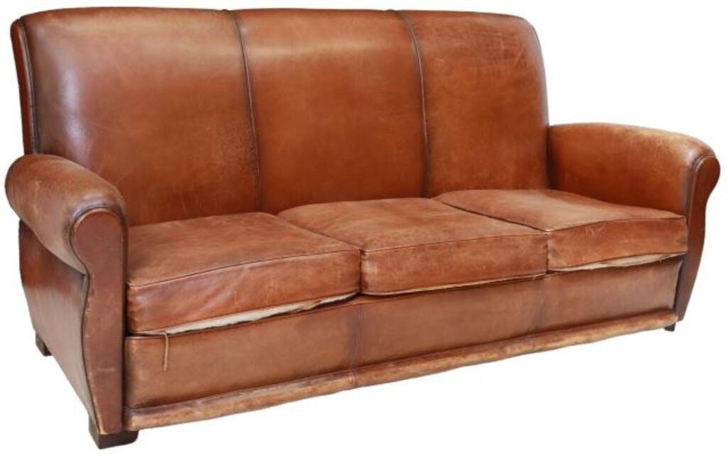 FRENCH ART DECO BROWN LEATHER THREE-SEAT