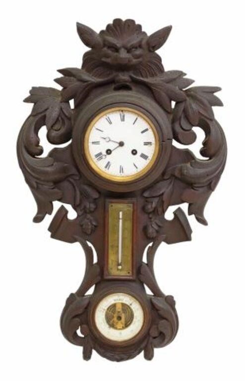 FRENCH CARVED WALL CLOCK, THERMOMETER