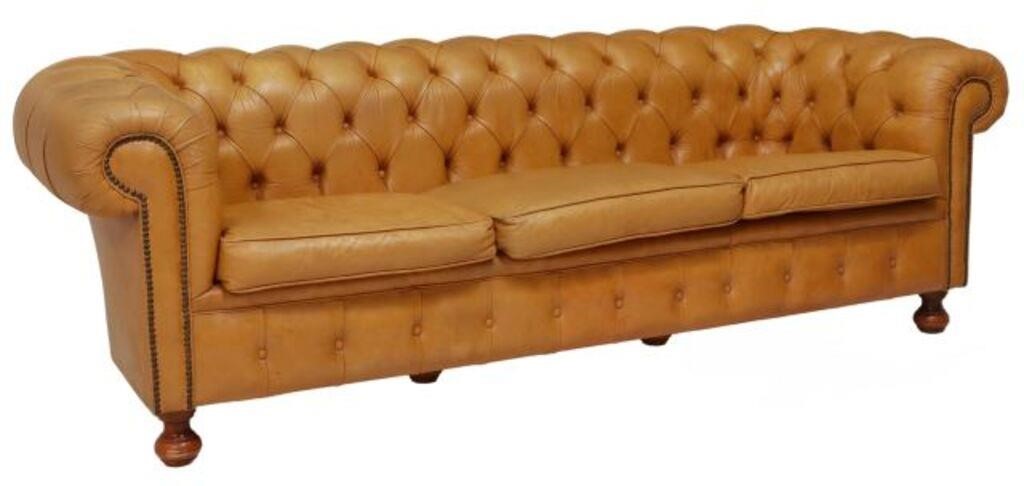 VINTAGE TAN LEATHER CHESTERFIELD THREE-SEAT