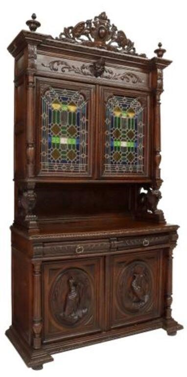 FRENCH CARVED OAK & STAINED GLASS