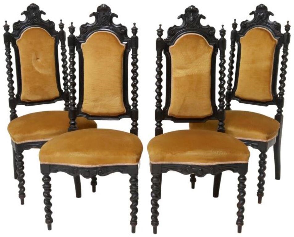 (4) FRENCH EBONIZED & UPHOLSTERED