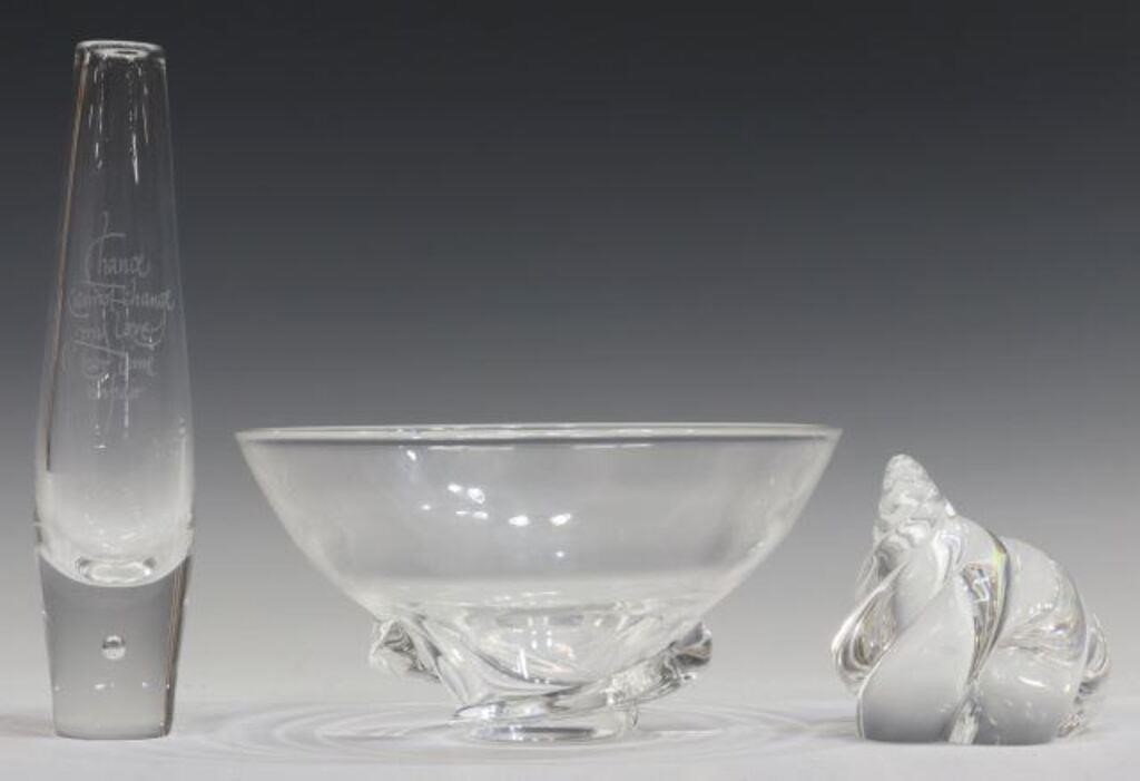 (3) STEUBEN ART GLASS BOWL, VASE & PAPERWEIGHT(lot