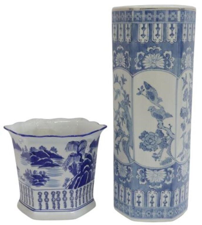 (2) ASIAN BLUE & WHITE UMBRELLA STAND,