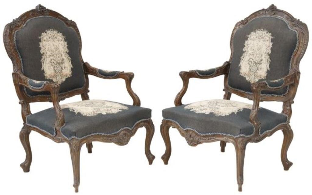 (2) LOUIS XV STYLE CARVED & UPHOLSTERED