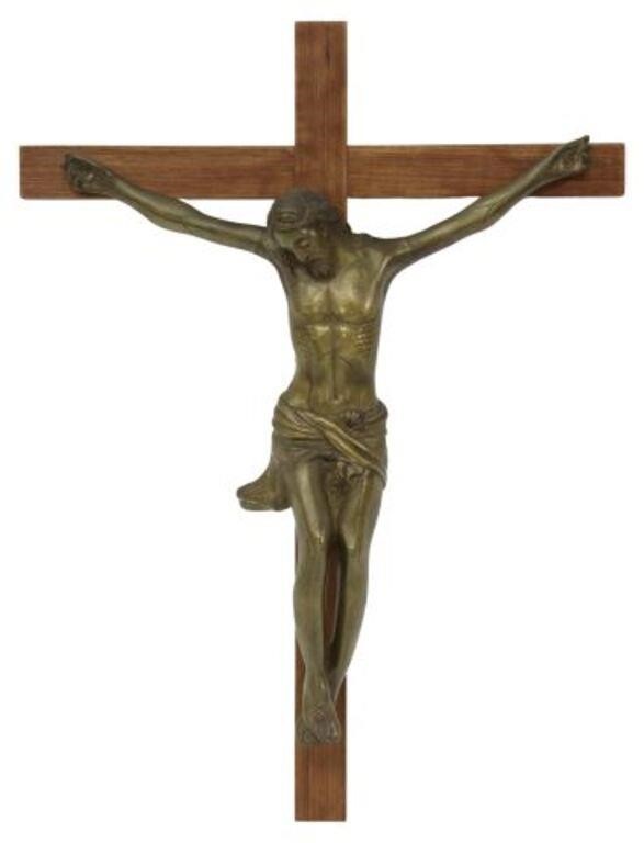 CONTINENTAL WOOD & BRONZE WALL CRUCIFIX,