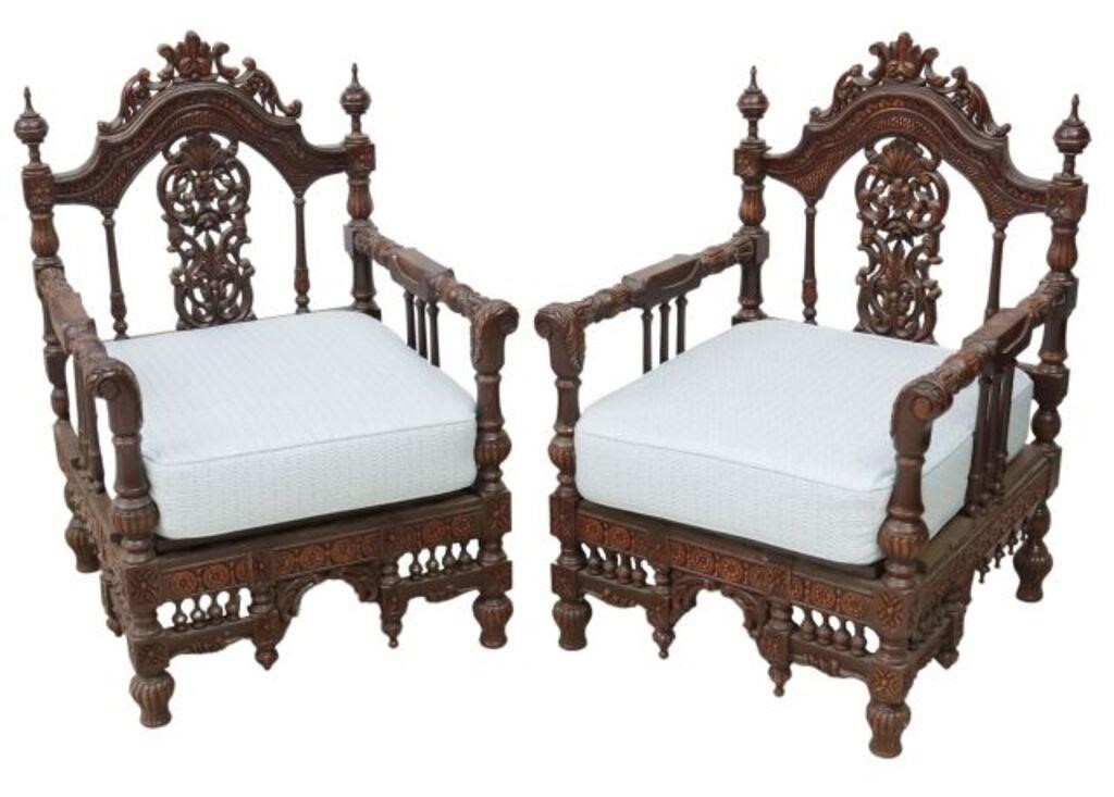  2 OVERSIZED MOROCCAN CARVED ARMCHAIRS pair  35612c