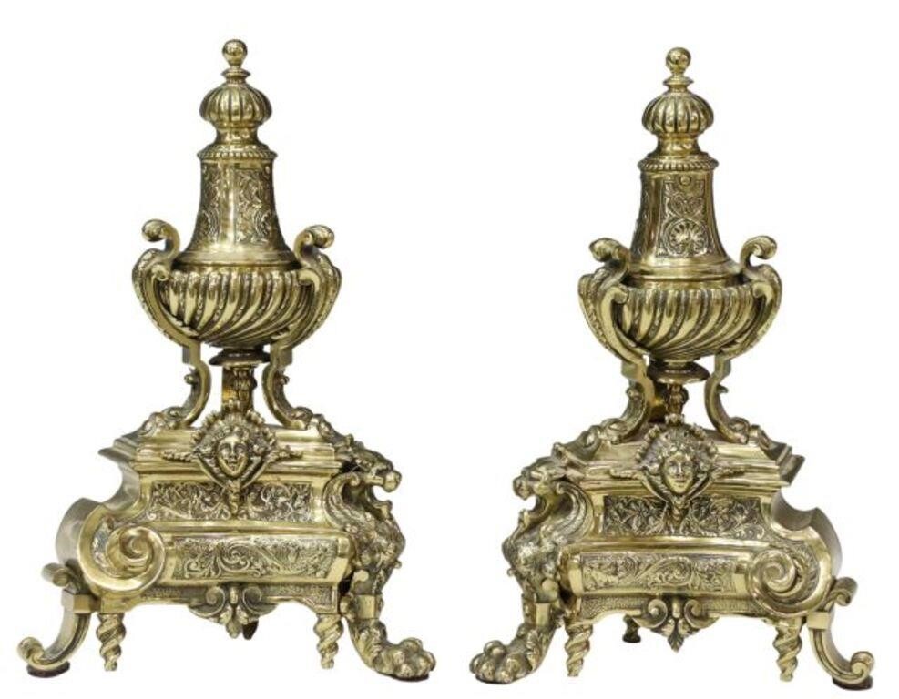  2 FRENCH NEOCLASSICAL BRASS CHENETS pair  35616b