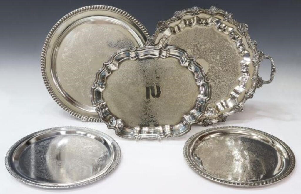  5 LARGE SILVERPLATE SERVICE TRAYS lot 3561e2