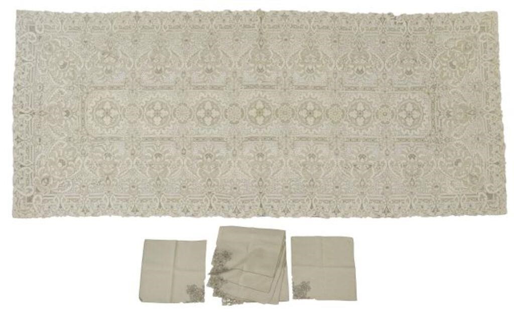 (9) LINEN & LACE TABLECLOTH WITH