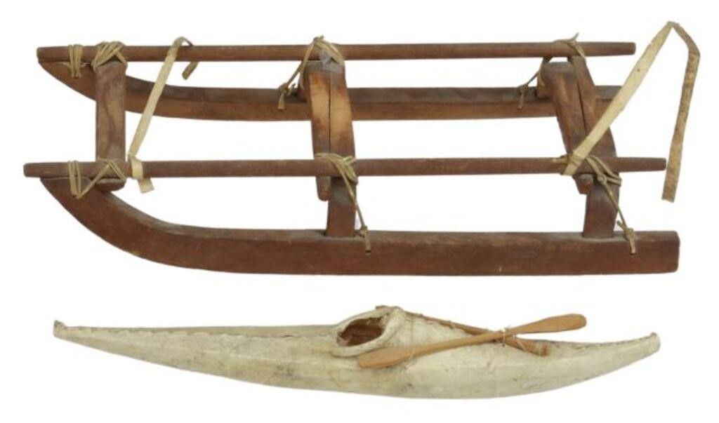 (2) INUIT WOOD & HIDE MODEL OF A SLED