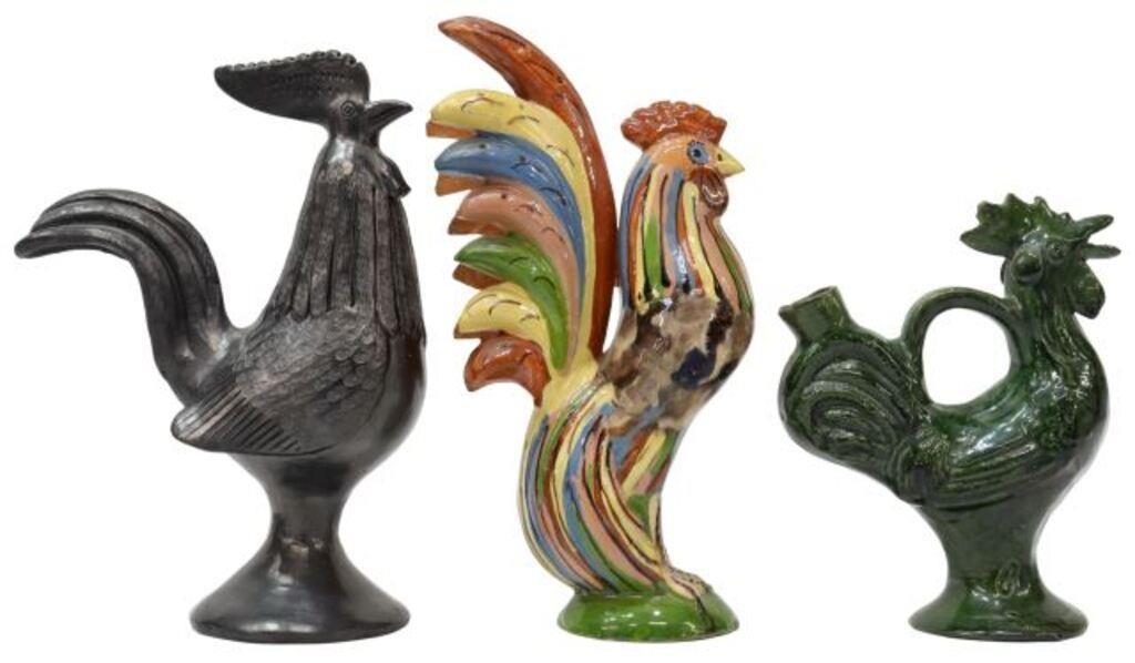  3 MEXICO GLAZED POTTERY ROOSTER 35622c