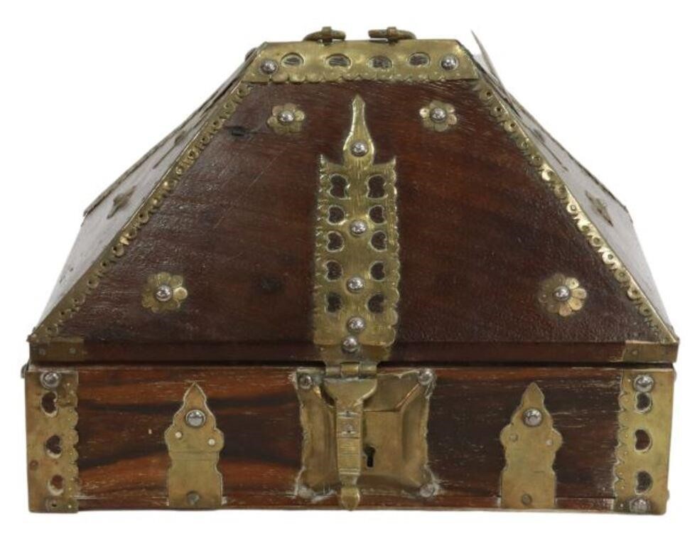 BRASS STRAPPED WOOD VALUABLES BOX  356324