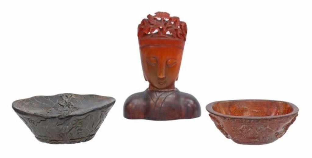 (3) CHINESE CARVED HORN LIBATION