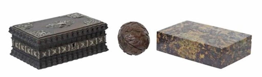  3 CARVED WOOD STONE TABLE BOXES lot 3563ac