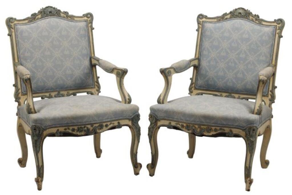 (2) LOUIS XV STYLE PAINTED UPHOLSTERED